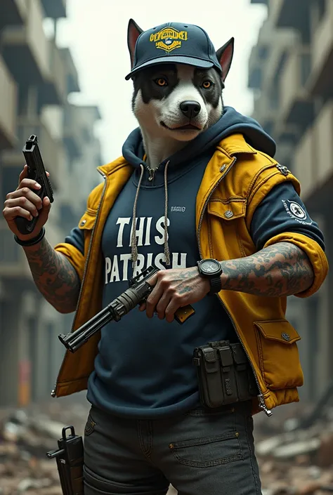 Free fire model of a white guy wearing a Brazilian cap with the word separdok written on it, a Brazilian t-shirt with the word this parish written on it and only that he is a dog, the character has the face of a pitbull dog behind him holding weapons with ...