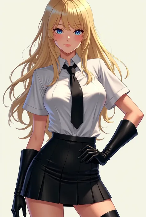 Gorgeous 1 blonde in school uniform with white shirt, black latex tie, black latex skirt, elbow length latex gloves, Knee high latex high heel boots 