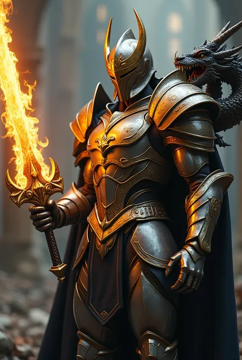 Great quality, masterpiece, Highest quality, Very detailed, Very detailed, Ultra-high resolution, 32K
, Stylish pose, Wearing armor with a wonderful texture, Gold, black and silver armor, Glowing flaming sword in hand,  Soft colors, blonde, Dragon&#39;shou...