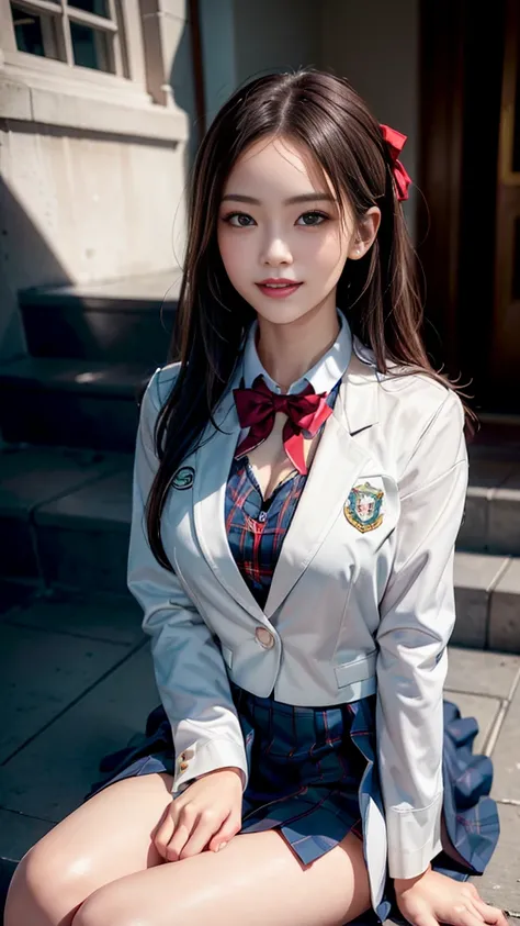 (girl standing on school steps)，Charming eyes，Operation Warming，Look away from the camera，Looked up，Thick and long black hair，Very detailed body，The face is rich in detail，best quality、(P Private NK Underwear),(High school girl),((White Blazer、Chest badge)...