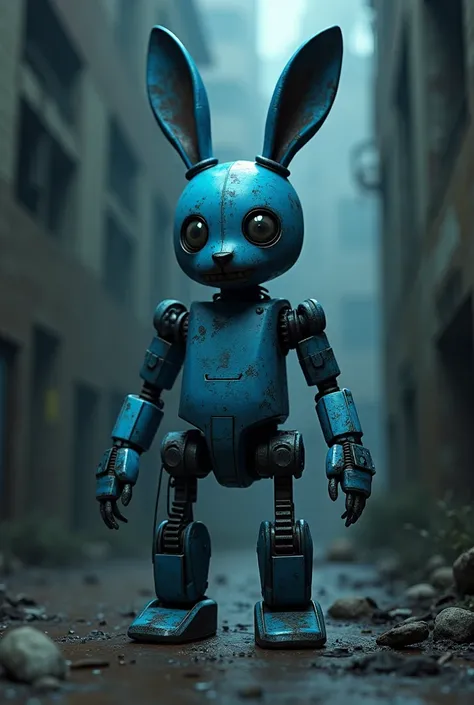 Create an image of a blue animatronic rabbit with two missing legs