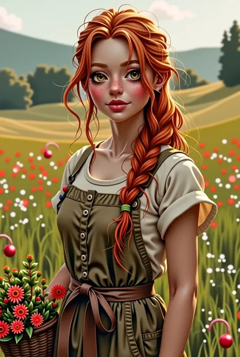 Girl Long, wavy hair with an intense reddish tone, with copper highlights under the sunlight. Her hair is usually up in a messy braid or tied with a simple fabric ribbon, with a few loose strands framing her face. Large, expressive eyes, light brown in col...