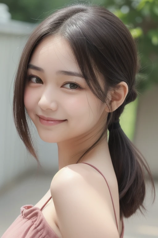 1girl, cute girl, , (tareme, short-eyes:1.5), (oval face, droopy eyes:1.4), green eyes, eye highlights, blush, smiling, flat hair, no bangs, forehead, center-parted-forehead, side swept to back, low-ponytail, medium hair, black-hair,  