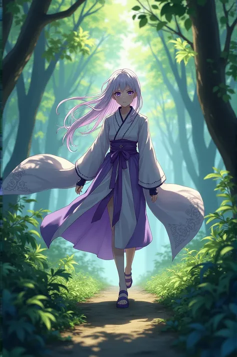 Draw an oc in the world of kimetsu no yaiba,  A girl with white hair with lilac tones and amethyst eyes, wearing a hunting suit similar to Kanao&#39;s with a hapori of assulated lilac tones walking through the forest.
