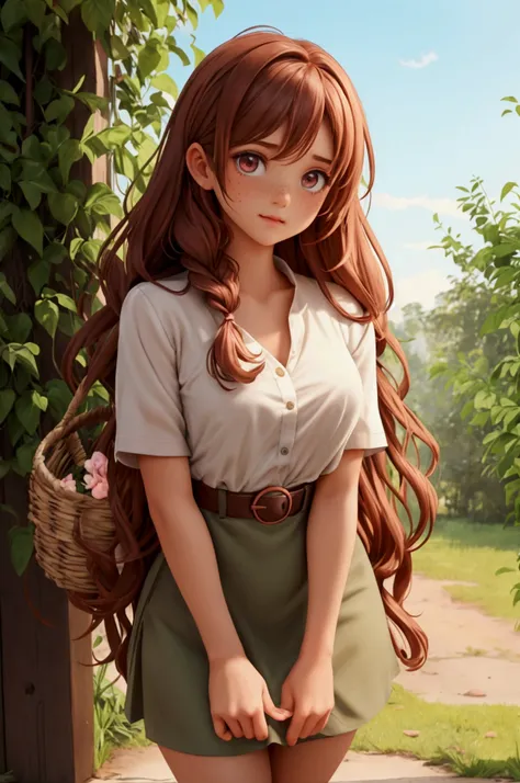 Girl Long, wavy hair with an intense reddish tone, with copper highlights under the sunlight. Her hair is usually up in a messy braid or tied with a simple fabric ribbon, with a few loose strands framing her face. Large, expressive eyes, light brown in col...