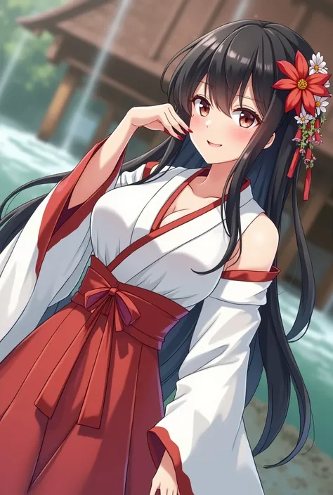 girl in white and red shrine maiden, enchanting, Flower in hair, long hair, refined movements, At a hotspring, cleavage is visable , angelic smile, defined curves, playfully flirting and leaning in.