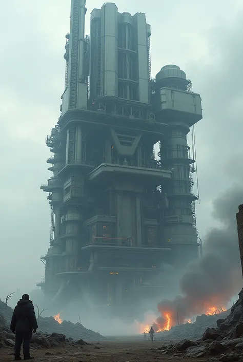 A detailed, Vertical robot factory on the battlefield, cinematic, mecha, futuristic, metallic, cold colors