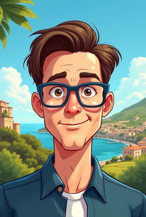 2D CARTOON DRAWING OF A MAN WITH SHORT BROWN HAIR ON THE SIDES, White skin, WITH GLASSES BROWN EYES WITH SICILY BACKGROUND