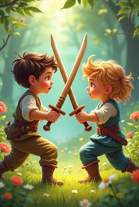 Children fighting with swords
