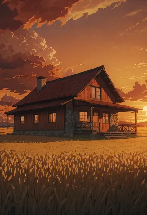 masterpiece!!!! 8k a stone cabin in the middle of the barley field ANIME GHIBLI STYLE!!!!! The image shows a serene hellish sunset scene with (orange clouds.yellow and red)   golden clouds lighting shadow, 8khdr sol ilumination!!!! sunrise clouds