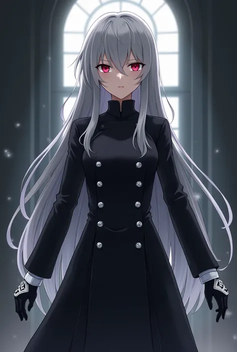 Anime girl with red eyes and long straight gray hair with dark shades, He wears a uniform consisting of a long-sleeved black coat with two rows of silver buttons down the front., white ornaments around both of his fists, black skirt, black gloves, Waders