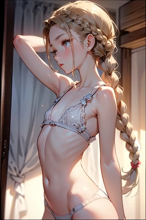 ((best quality)), ((masterpiece)), (detailed), 1girl, (big forhead:1.2),extremely detailed cute anime face, (((flat chest))), (flat chest:1.1),((((long twin braids,tight braids,long braid,braided hair,long hair)))),intricate eyes,beautiful detailed eyes,sy...