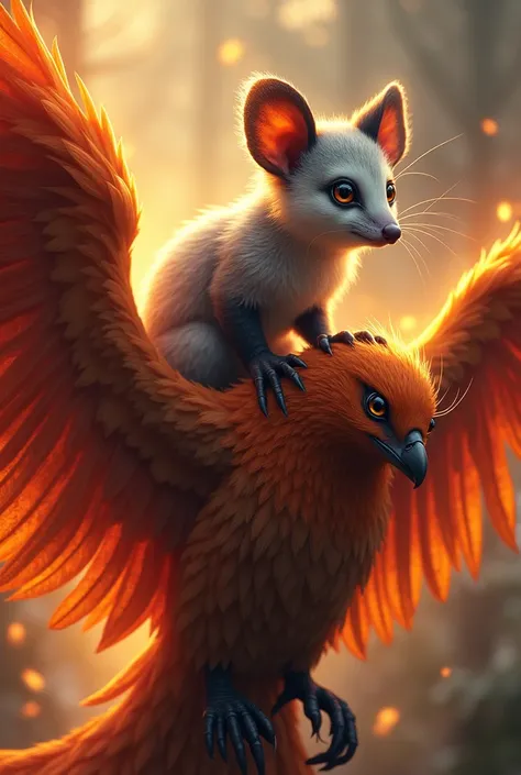 A black-eared opossum on top of a phoenix