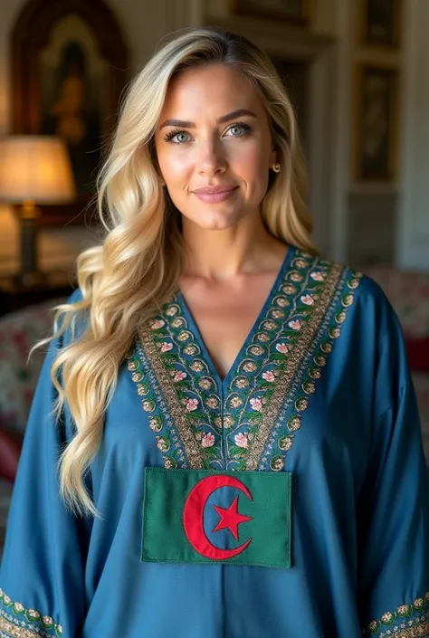 Close up, woman, blonde, plump, green eyes, wearing a latest style blue embroidered caftan with the Algerian flag on her neck, white and green, looking directly at the camera, she is standing on a very beautiful living room