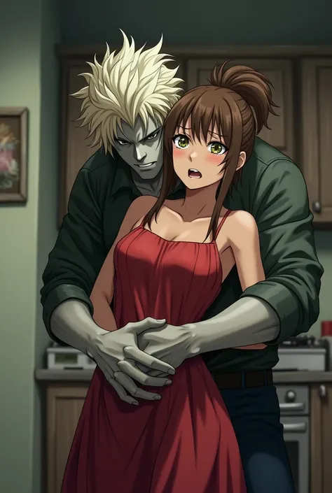 brown hair messy bun woman crying with brown eyes,tan skin a tall man with white blonde hair,plae skin and green eyes he pulls her dress strips tighter while kissing her back in lost in a she wear a red dress anime skin in the kitchen 