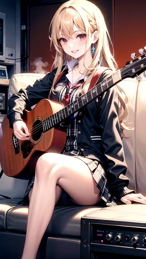 (masterpiece:1.2, Highest quality), 1 female(Blonde long-haired schoolgirl,Red eyes), alone, musician, Music Costumes,Jacket,Recording Studio, Music Practice,smile,Sitting on a studio sofa