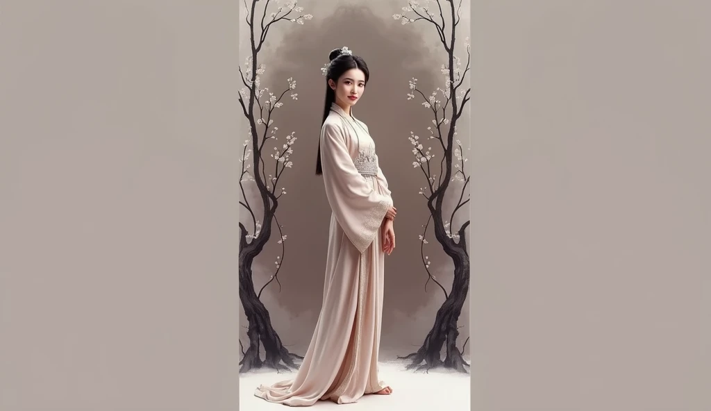 shukezouma, negative space, , shuimobysim , Portrait of a standing woman , willow branches, (masterpiece, Best Quality:1.2), traditional chinese ink painting, model shoot style, peaceful, (smile), looking at the viewer, usando Hanfu largo, Hanfu, song, wil...