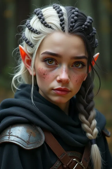 A female halfling whose braided hair is white and black. She is wearing dark leather armor with a black cloak. Her eyes are brown. She has a few freckles across her nose. She is an older woman. There is a little dirt on her cheek and forehead. Her ears are...