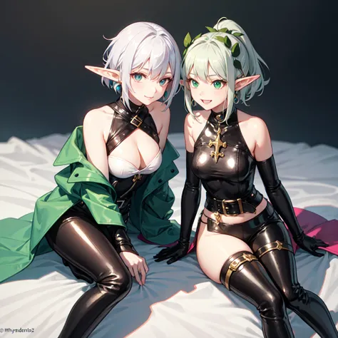 elf woman, silver hair, short hair, hair with ponytail and pink elastic. Green and white medieval clothing, black shirt, leather pants and long boots. Gold earrings on both ears. Yandere face and macabre smile. 