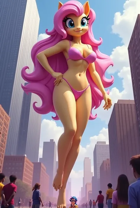 Giantess, Anthro, Fluttershy, Pink panties, pink bra, hands on hip, Slender physique, skyscraper beneath her crotch, eyes looking down at you, Fluttershy leg raised, Stomping tiny people, tiny people at her feet looking up from the ground at Fluttershy cro...