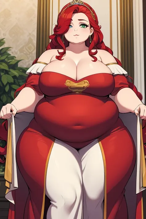 masterpiece, best quality, 1 girl, noble lady, (regal dress),(queen) ,  (red hair),(long curly hair), (green eyes),(hair covering one eye), (makeup), (obese :1.3), (fat face) ,(wide hips)