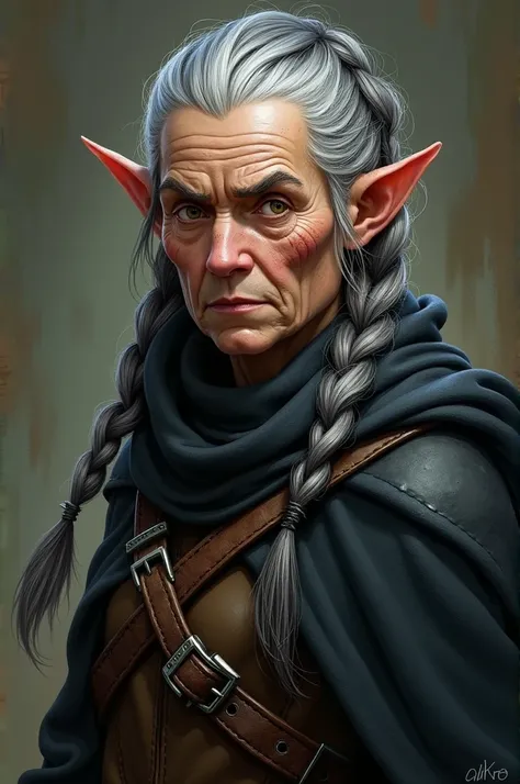 A female halfling whose braided hair is white and black. She is wearing dark leather armor with a black cloak. Her eyes are brown. She is an older woman. There is a little dirt on her cheek and forehead. Her ears are small and rounded. 