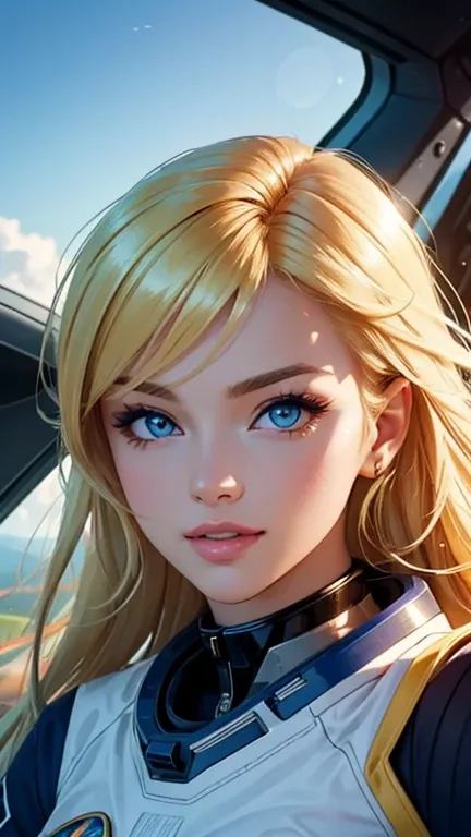 (Highest quality,Very detailed,Photorealistic:1.37),Bright and vibrant colors,Studio Lighting,Playful expressions,Stylish makeup,Long blonde hair fluttering in the wind,Captivating eyes,Glossy Lips,Sexy pose, astronaut, cockpit, Confident、Captivating smile...