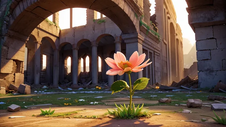 A symbolic image of a flower blooming amidst the ruins, representing hope and rebirth. The soft sunlight illuminates the flower, highlighting her beauty in the midst of despair.