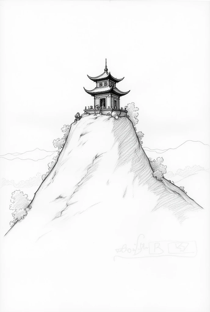 Pencil sketch of a small hill with a temple on top
