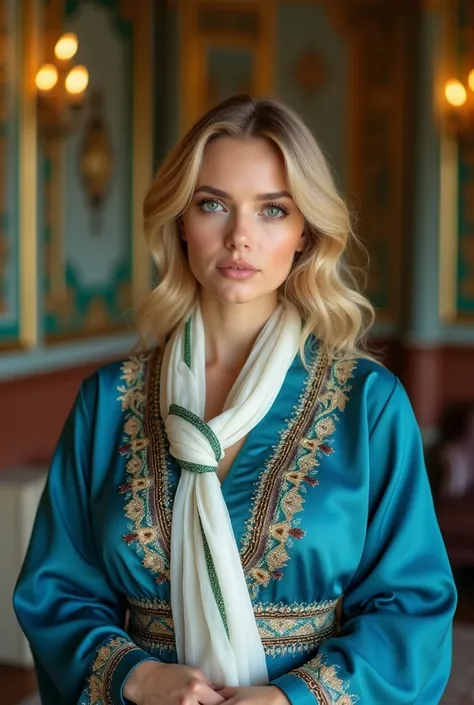 Close up, woman, blonde, plump, green eyes, wearing a latest style blue embroidered and decorated caftan, it is the Algerian scarf around her neck, white and green, looking directly at the camera, she is standing on a very beautiful salon