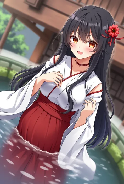 girl in white and red shrine maiden, enchanting, Flower in hair, long hair, refined movements, At a hotspring, breasts are visable, angelic smile, defined curves, Blushing, pregnant, hand on belly