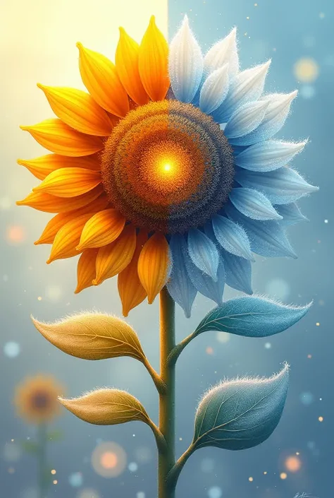 The general shape is a sunflower but make one half of the sunflower where its leaves are like the flames of the sun and the other half have the leaves in the shape of snowflakes like winter. 