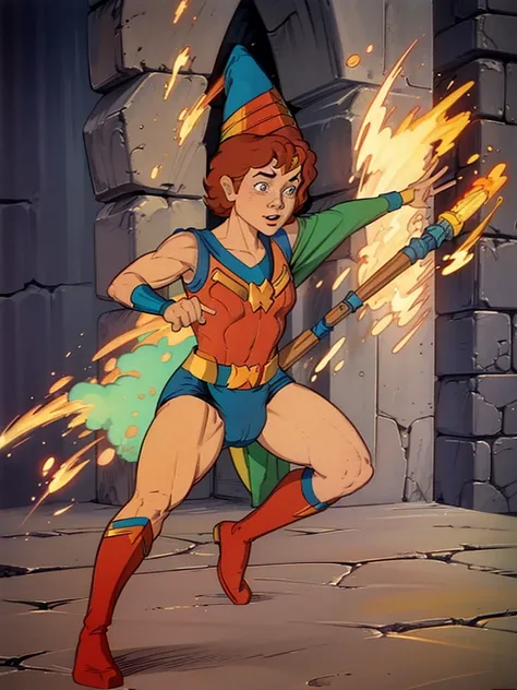 a redhead cartoon character, wonder woman outfit, very muscular, male wizard, 1980s cartoon, animated episode still, Presto (((mad))), ((Wears a wizard hat))