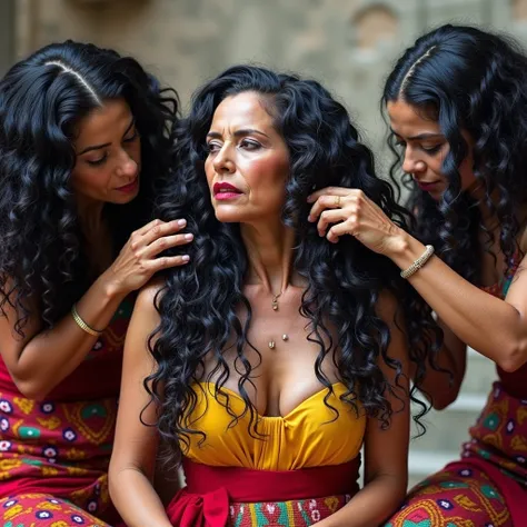 An unusual yet intriguing scene set within the sacred precincts of an ancient mayan temple. Three younger,mature,Eldery mexican mayan ladies, adorned in vibrant, traditional mayan dress, stand out against the dark, mystical backdrop. Their unnaturally blac...