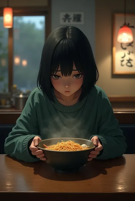 Depressed girl、Japanese、Black Hair、Bobcut、Ramen shop、Eat noodles、Real、Finish like a photo