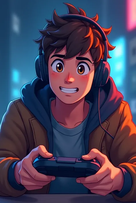 Man with bluetooth headphones, with expression would be, short curly hair with hooded coat , brunette skin, playing video game, animation style 