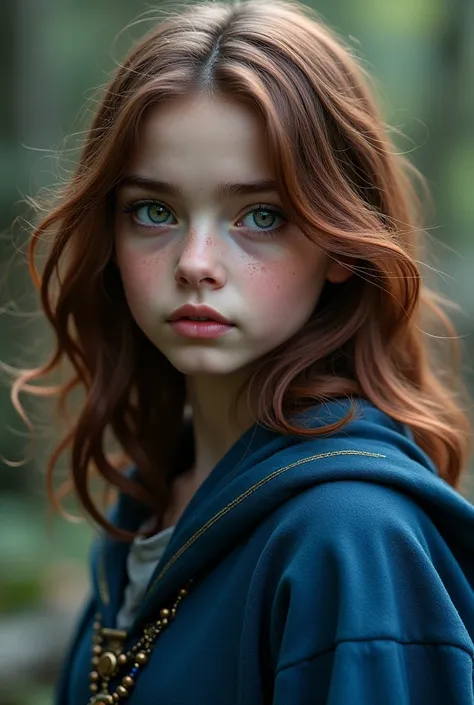  girl with medium length dark brownish red hair; with eyes that vary between green, gray and light brown; he clear and blue witch robes of Ravenclaw.