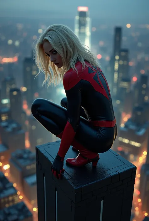 Sexy blonde dressed as Spider Gwen crouching on tobtop of a building looking over a city at night. Hair platinum blonde blowing. 

Head turned away. 