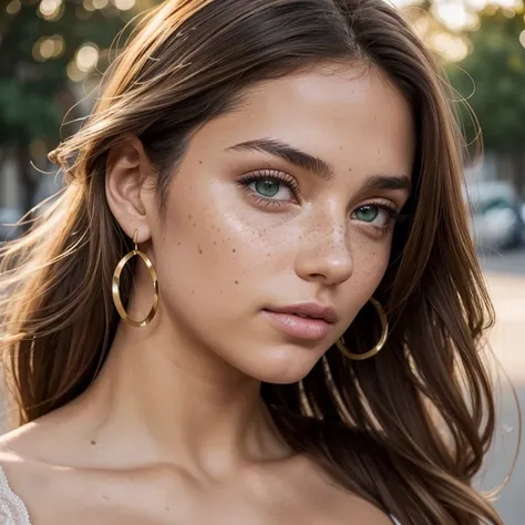 1 fille, High resolution, hispanic type, ultra detailed realistic, Very light green eyes, almond eyes, peau très claire texturer, opened mouth, very detailed face, grains de beauté sur le visage, freckles, Very long wavy light brown hair , From top to bott...