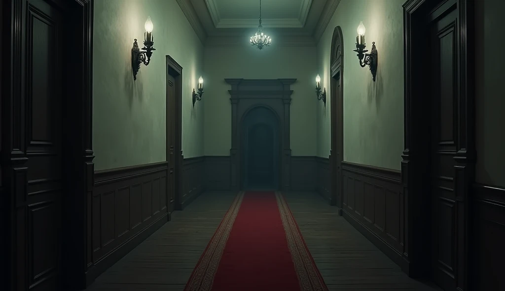 Cinematic, hyper realistic, A detailed interior image of a dimly lit, eerie white hallway with wall and doors on the left side and railing that borders the hallway with a dark open space in a mansion on the right side. The scene is characterized by its sha...