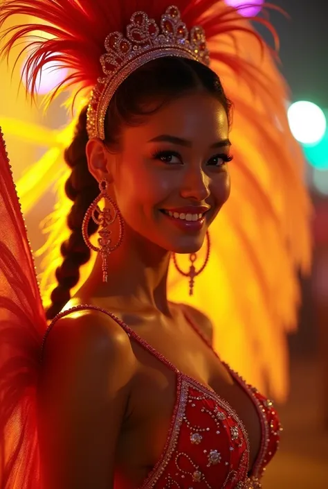 The vibrant 8K resolution image captures the 20-year-old Asian beauty mid-dance, her skin glowing under the vibrant Brazilian samba carnival lights. Her detailed face, with sparkling eyes and a lovely smile, is depicted in a thigh-high shot, with a blurred...