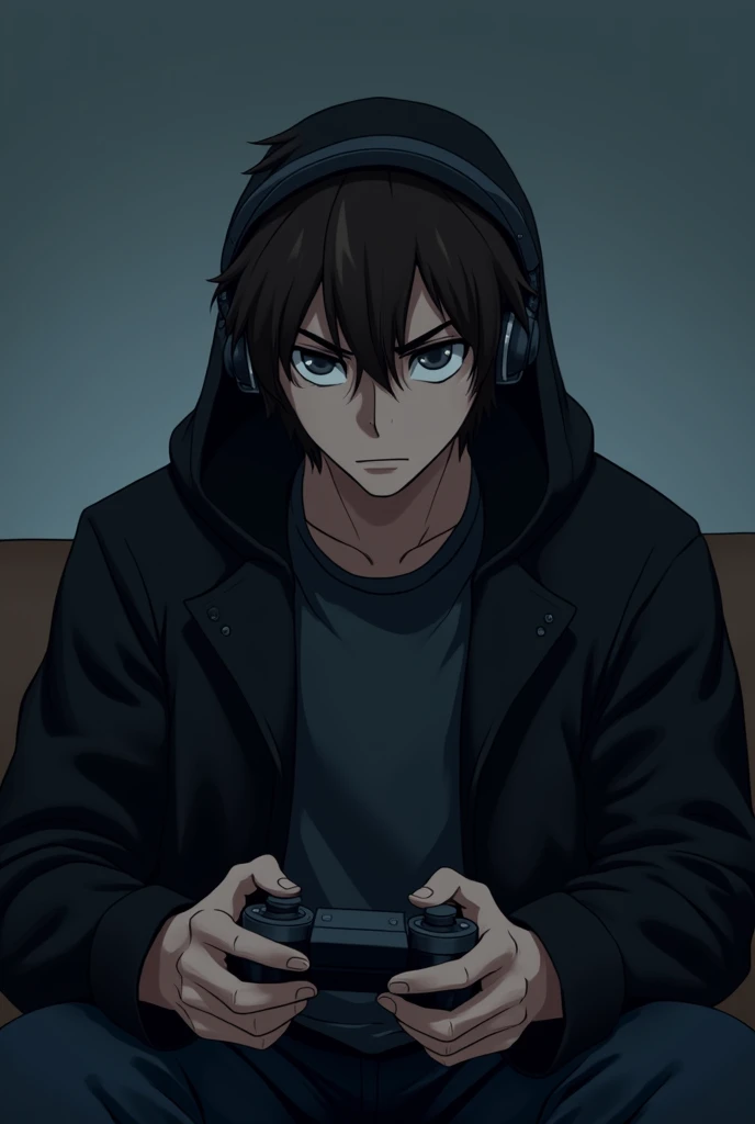 Man with bluetooth headphones, with a gloomy expression, short hair with black coat with hood on head, brunette skin, playing video game, animation style 