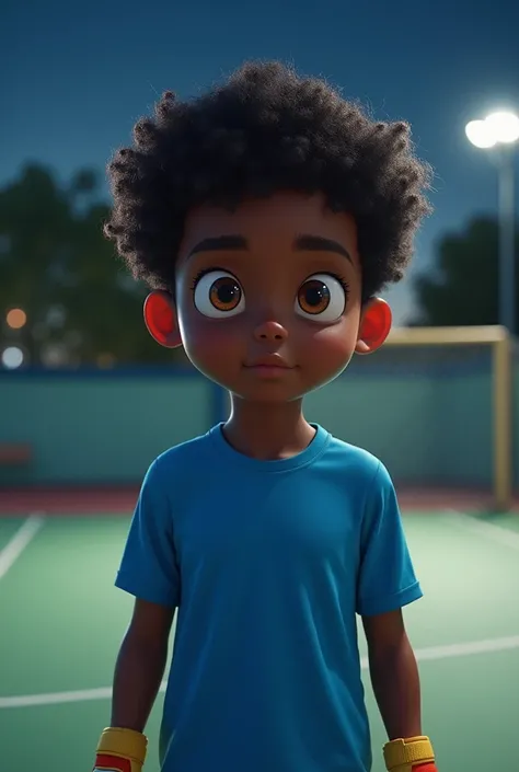 a black teenager, with big cheeks, curly and black hair. Blue shirt and goalkeeper gloves. He is on a futsal court at night.