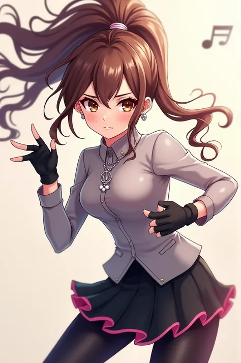 anime girl, Brown hair, high ponytail and two loose strands, pink ribbon, brown eyes and fierce look, silver accessories, smile, brown makeup, silver treble clef necklace, long sleeve top, gloves with visible fingers, black painted nails, black flared pant...