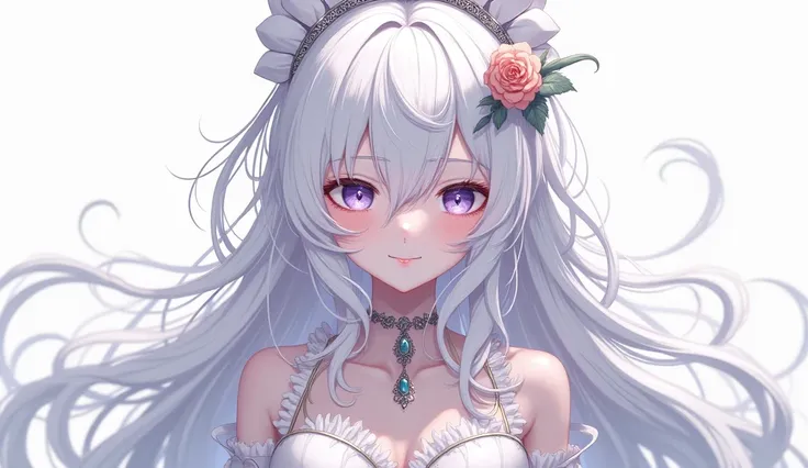 very long hair, White hair, Hair in front of the ears, messy hair, asymmetrical bangs, Much hair, Lock of hair, big breasts, smile, Closed mouth, violet eyes, language, smile ligera, blush, symmetry, simple background, hair flower, Maid hair ornament, tiar...