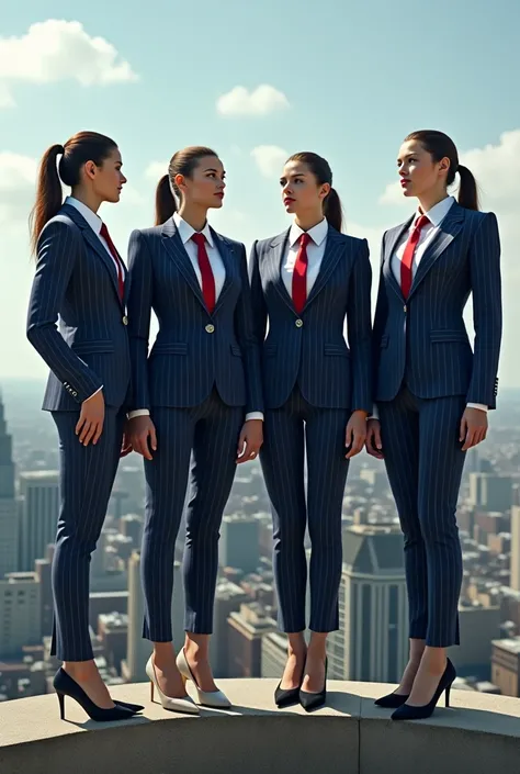 four women giga giantess young adults giant art massive compared to london  huge breasts light navy blue pinstriped suit white tailored shirt done up thick and very large Windsor knot red tie Has ponytail   Wearing a pair of platform heels Professional att...