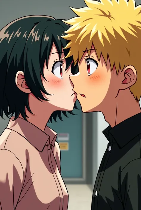 Boku no hero academia style, A white-skinned woman, eyes the color of honey, short hair, black with yellow locks in front. A few light freckles on the cheeks, and a blond boy, red eyes with a frown giving each other a kiss 