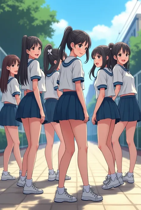 Five Korean high school girls sticking out their butts in gym uniforms at school 