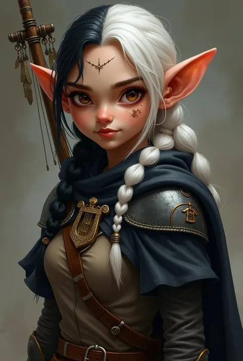 A female halfling whose braided hair is white and black. She is wearing dark leather armor with a black cloak. Her eyes are brown. There is a little dirt on her cheek and forehead. She is middle aged. Her ears are small and rounded. There is a broach on he...