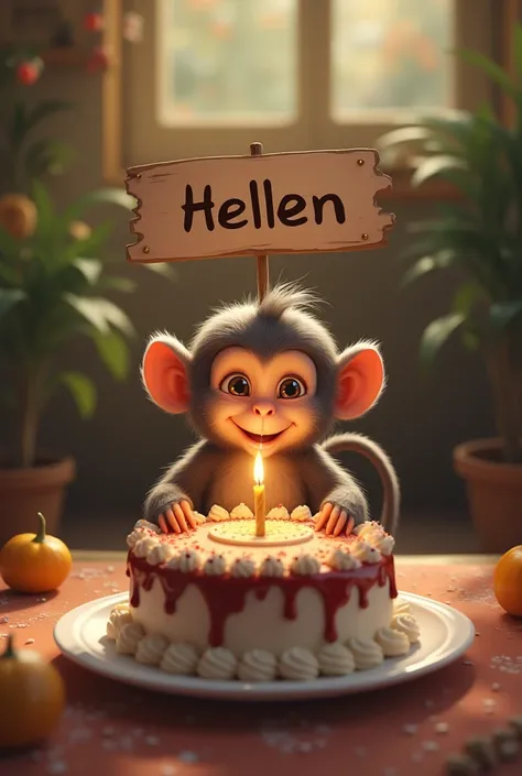 Realistic little monkey eating birthday cake with a sign that says "Hellen"